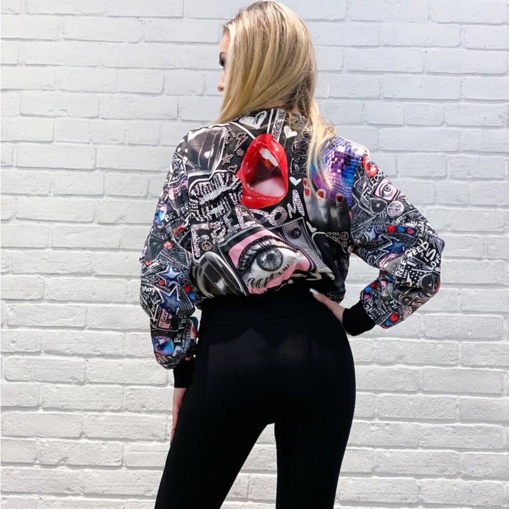 ROCK N KARMA “I Love Retro” Hand-Beaded Zip Bomber Jacket (M, BNWT) Couture - Picture 3 of 6
